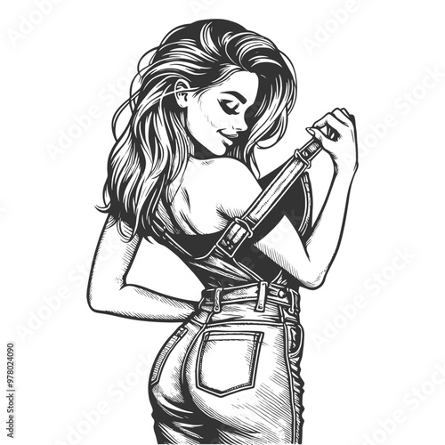 Playful smiling beautiful young woman in denim overalls unbuttoning one strap with a flirty smile sketch engraving generative ai vector illustration. Scratch board imitation. Black and white image.