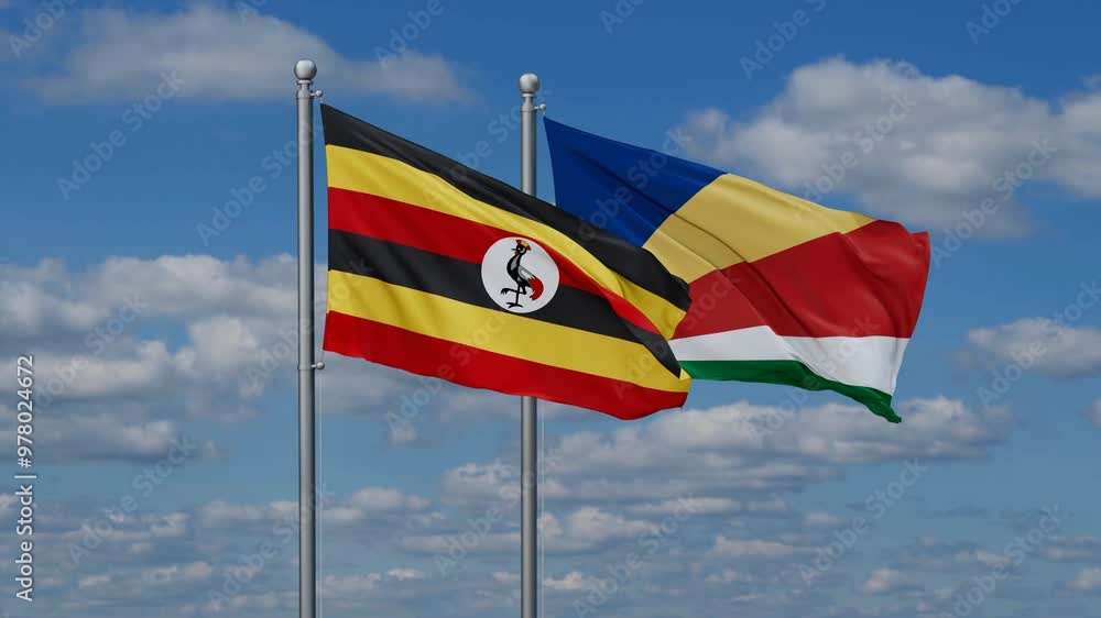 Seychelles and Uganda flags flying together, video concept of the relationship, two country relations concept Seychelles and Uganda flags flying together, video concept of the relationship, two country relations concept