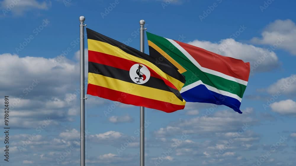Republic of South Africa and Uganda flags flying together, video concept of the relationship, two country cooperation concept Republic of South Africa and Uganda flags flying together, video concept of the relationship, two country cooperation concept