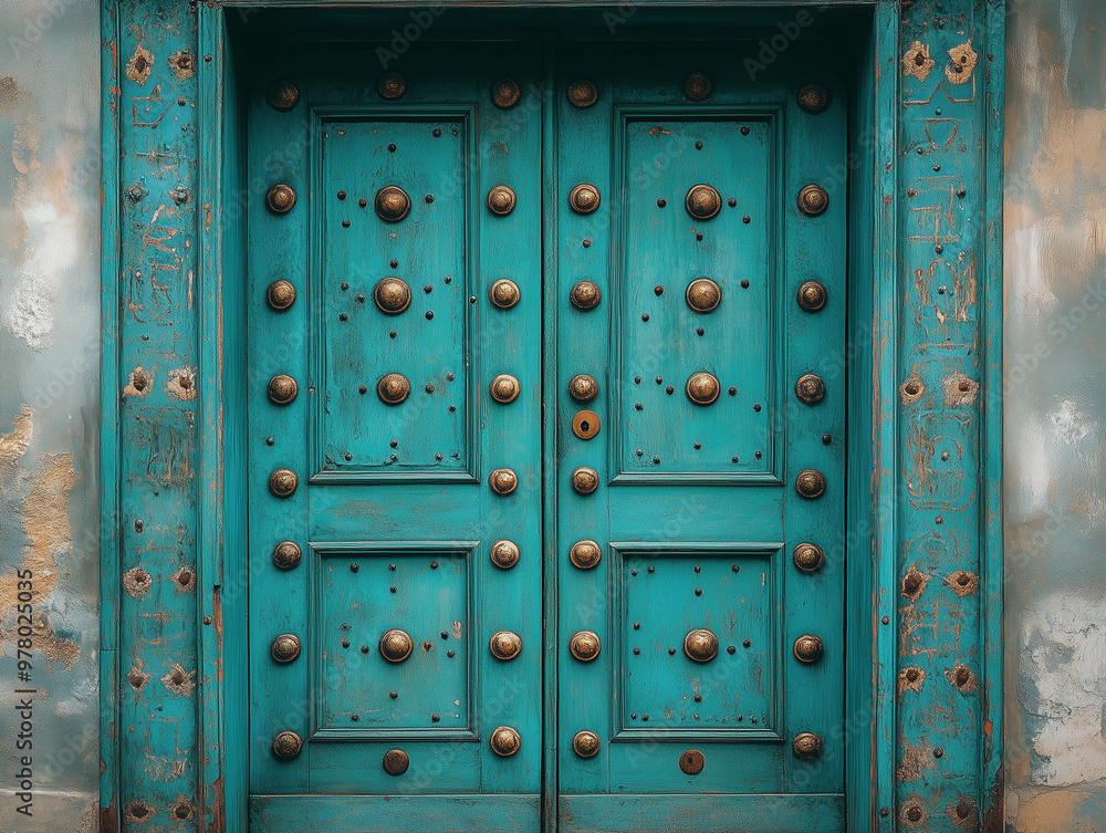 Fototapeta premium A decorative turquoise arched door with brass hardware
