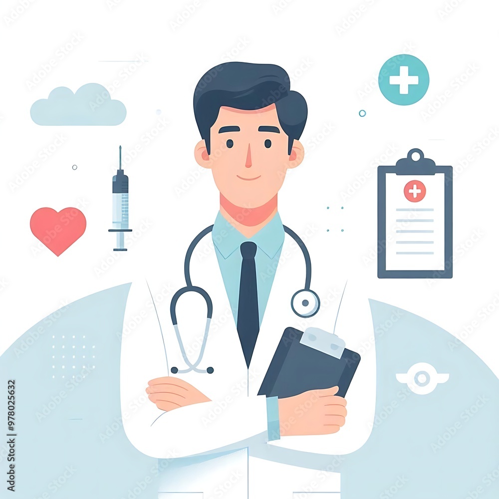 A flat-style illustration of a doctor standing confidently in medical attire. Perfect for healthcare, medical services, and wellness content. Clean, minimalistic design with a professional look. A flat-style illustration of a doctor standing confidently in medical attire. Perfect for healthcare, medical services, and wellness content. Clean, minimalistic design with a professional look.