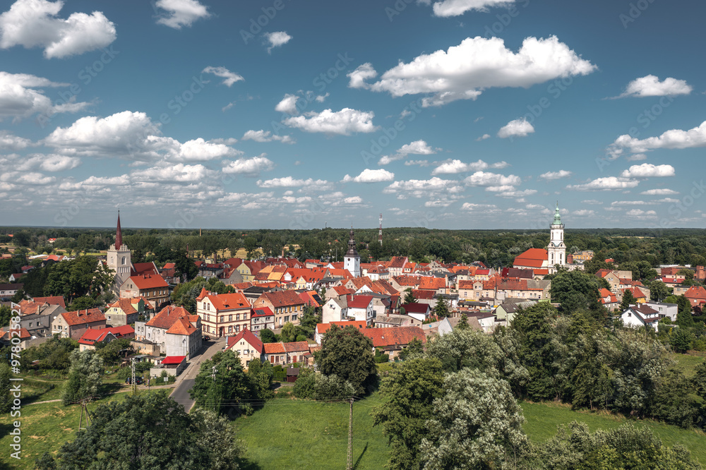 Summer aerial skyline cityscape of Nowe Miasteczko, Nowa Sól County, Lubusz (lubuskie). Wide panoramic view of the old town and market square (Rynek)