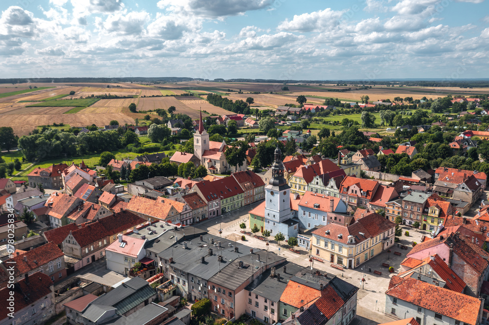 Summer aerial skyline cityscape of Nowe Miasteczko, Nowa Sól County, Lubusz (lubuskie). Wide panoramic view of the old town and market square (Rynek)