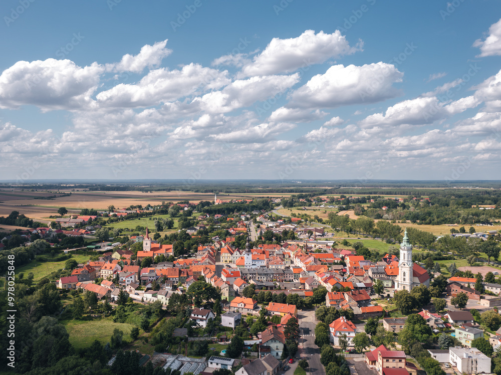 Summer aerial skyline cityscape of Nowe Miasteczko, Nowa Sól County, Lubusz (lubuskie). Wide panoramic view of the old town and market square (Rynek)