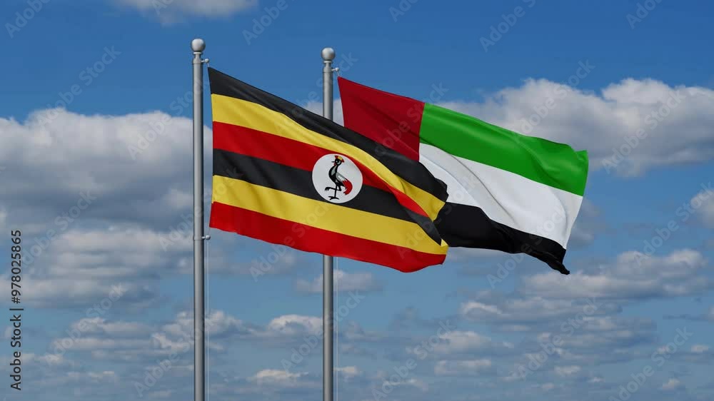 United Arab Emirates and Uganda flags flying together, video concept of the relationship, two country cooperation concept United Arab Emirates and Uganda flags flying together, video concept of the relationship, two country cooperation concept