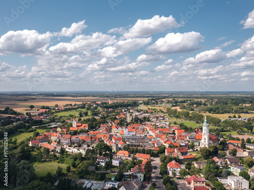Obraz na płótnie Summer aerial skyline cityscape of Nowe Miasteczko, Nowa Sól County, Lubusz (lubuskie). Wide panoramic view of the old town and market square (Rynek) w salonie