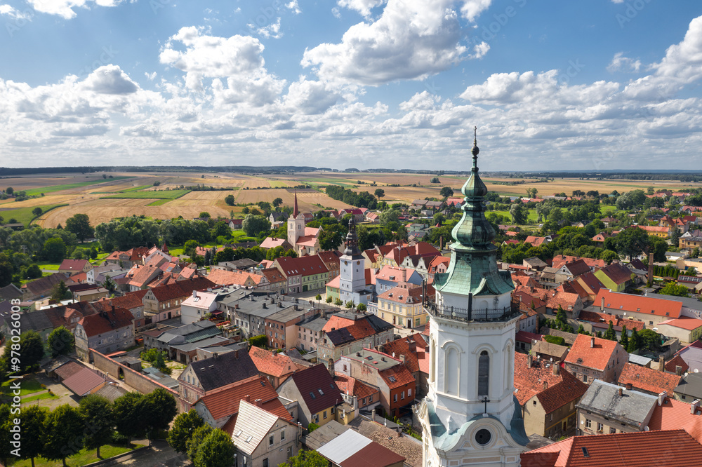 Summer aerial skyline cityscape of Nowe Miasteczko, Nowa Sól County, Lubusz (lubuskie). Wide panoramic view of the old town and market square (Rynek)