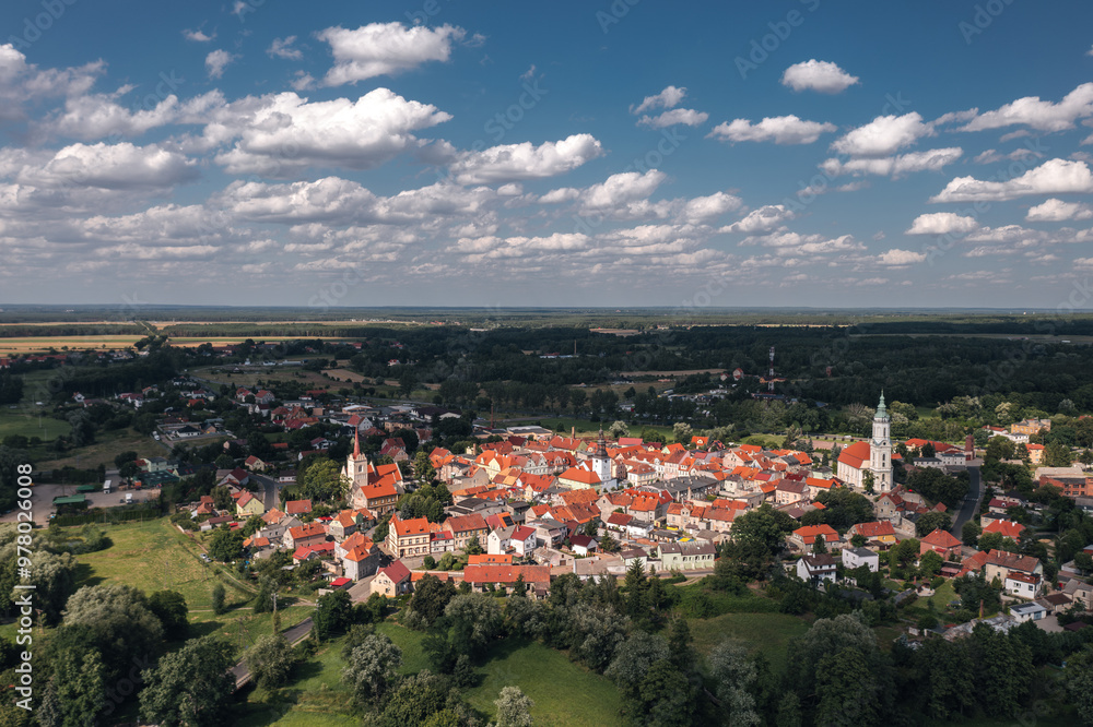 Summer aerial skyline cityscape of Nowe Miasteczko, Nowa Sól County, Lubusz (lubuskie). Wide panoramic view of the old town and market square (Rynek)