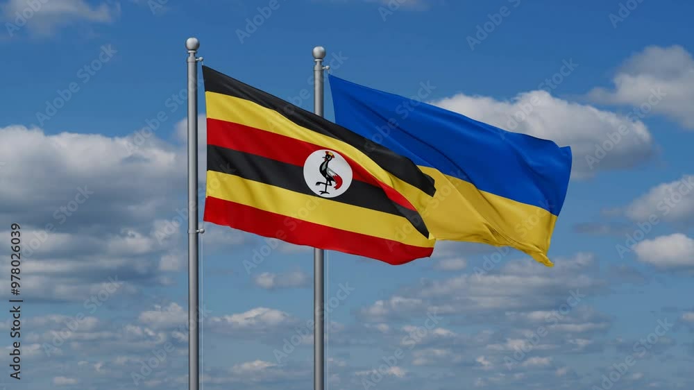 Ukraine and Uganda flags flying together, video concept of the relationship, two country relations concept Ukraine and Uganda flags flying together, video concept of the relationship, two country relations concept