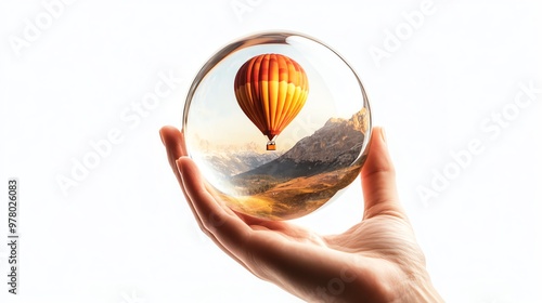 A hand holding a crystal ball reflecting a hot air balloon over mountains, symbolizing dreams and explorations. photo