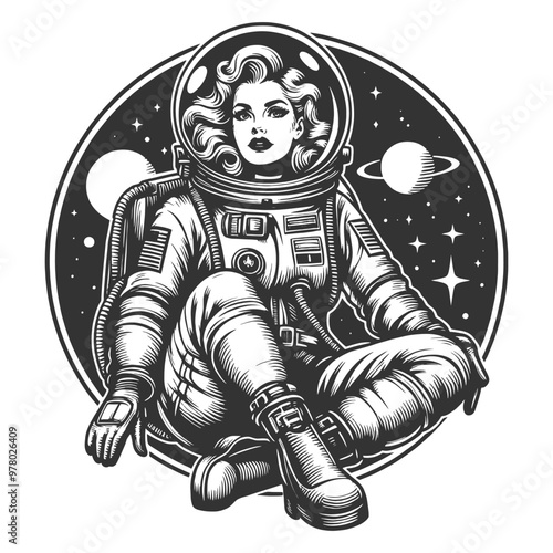 female astronaut in a spacesuit, seated in outer space with planets and stars sketch engraving generative ai fictional character vector illustration. Scratch board imitation. Black and white image.