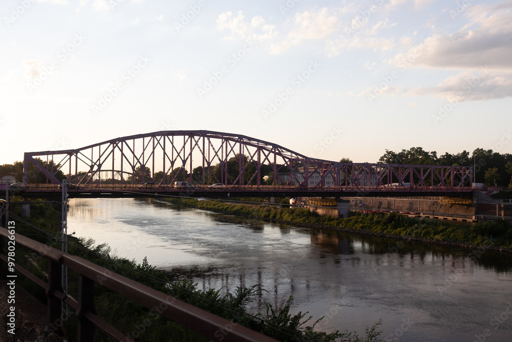 Cityscape of Głogów, Lower Silesia (Dolny Śląsk): Most Tolerancji at sunset