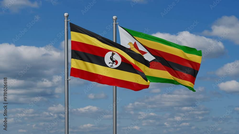 Zimbabwe and Uganda flags flying together, video concept of the relationship, two country cooperation concept Zimbabwe and Uganda flags flying together, video concept of the relationship, two country cooperation concept