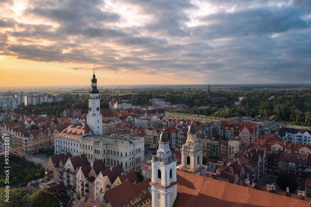 Summer aerial skyline cityscape of Głogów, Lower Silesia (Dolny Śląsk). Wide panoramic view of the old town at sunset