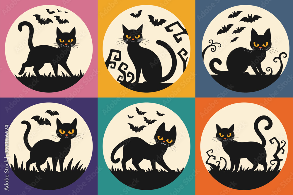 Halloween retro set of black cats and bats on the background of the moon. Vintage set of square Halloween compositions with silhouettes of black cats. Halloween retro set of black cats and bats on the background of the moon. Vintage set of square Halloween compositions with silhouettes of black cats.