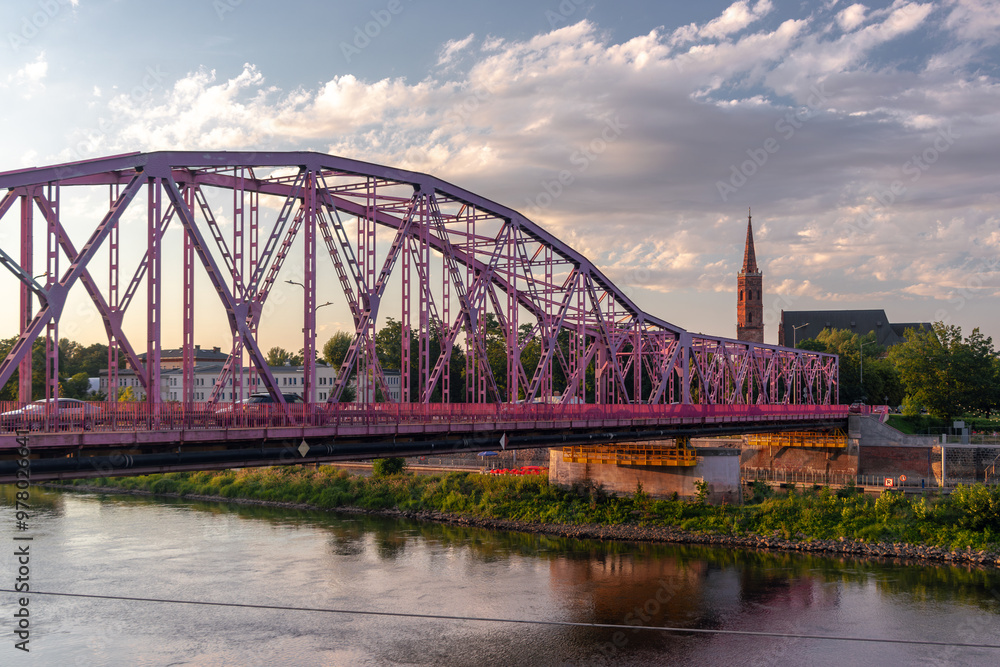 Cityscape of Głogów, Lower Silesia (Dolny Śląsk): Most Tolerancji at sunset