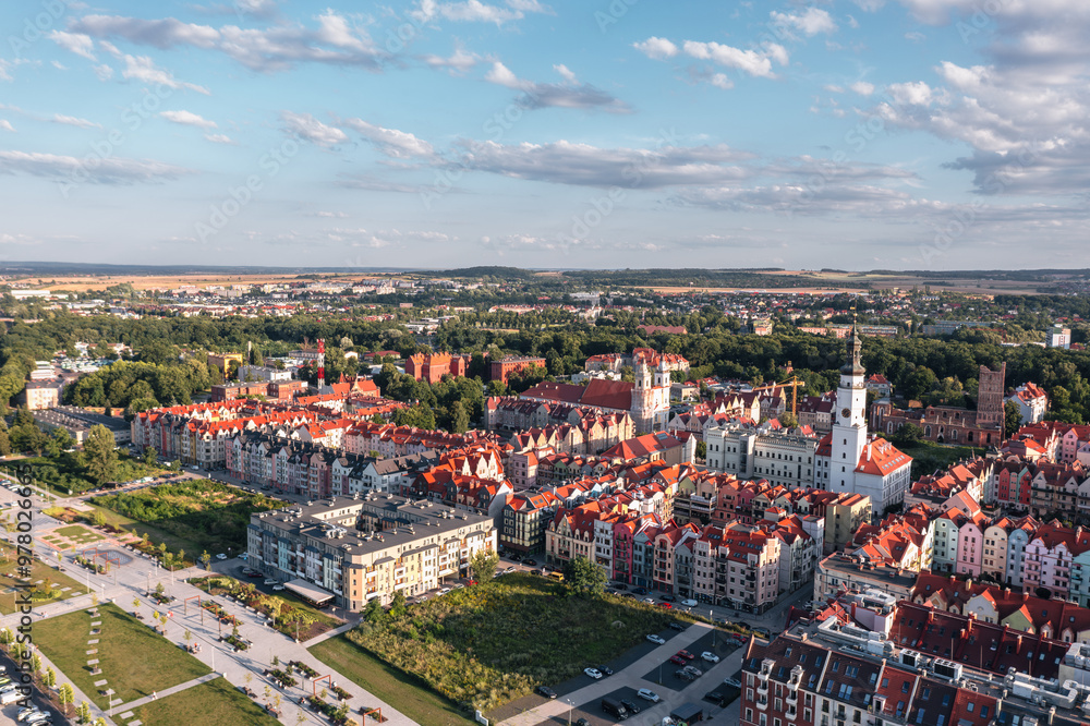 Summer aerial skyline cityscape of Głogów, Lower Silesia (Dolny Śląsk). Wide panoramic view of the old town at sunset