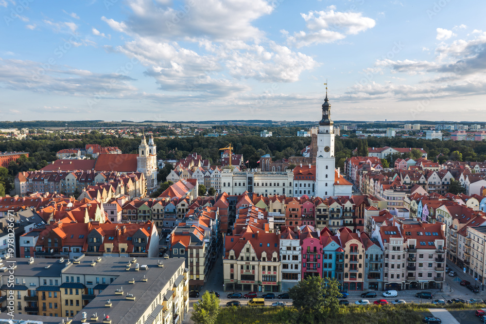 Summer aerial skyline cityscape of Głogów, Lower Silesia (Dolny Śląsk). Wide panoramic view of the old town at sunset