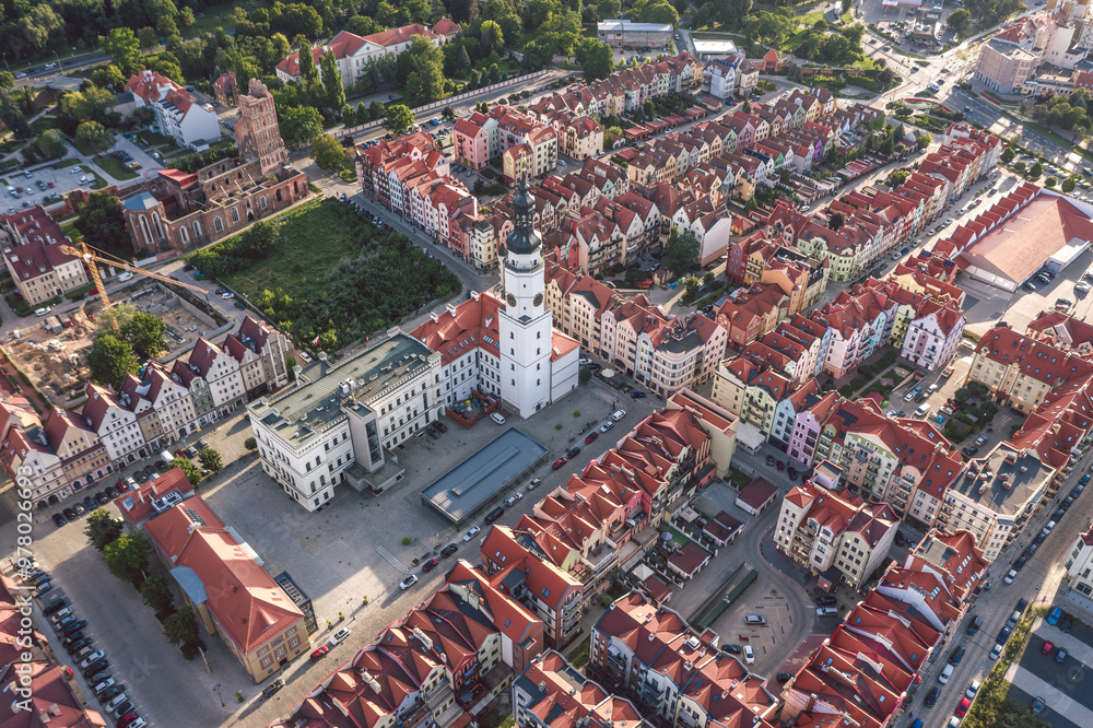Summer aerial skyline cityscape of Głogów, Lower Silesia (Dolny Śląsk), Poland. Wide panoramic view of the old town at sunset