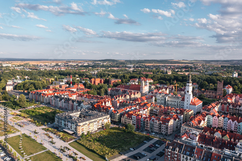 Summer aerial skyline cityscape of Głogów, Lower Silesia (Dolny Śląsk). Wide panoramic view of the old town at sunset