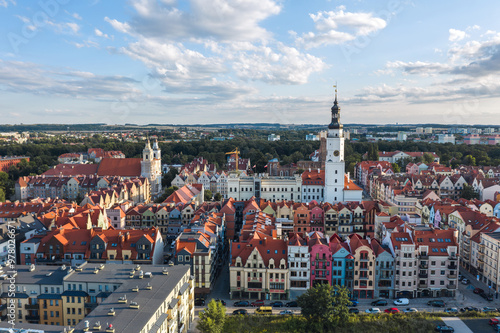 Obraz na płótnie Summer aerial skyline cityscape of Głogów, Lower Silesia (Dolny Śląsk). Wide panoramic view of the old town at sunset w salonie