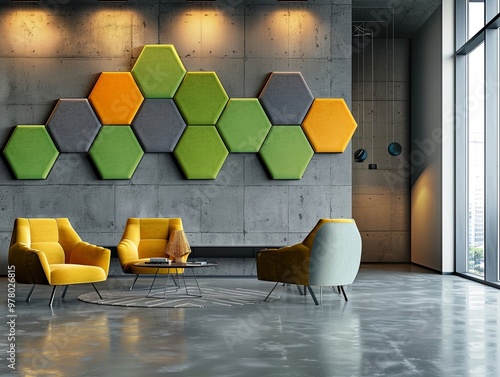 Hexagon felt acoustic panels, modern interior design, soundproofing decor, geometric wall decoration, stylish felt panels for home, acoustic treatment panels photo