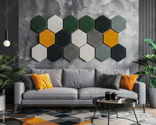 Hexagon felt acoustic panels, modern interior design, soundproofing decor, geometric wall decoration, stylish felt panels for home, acoustic treatment panels photo