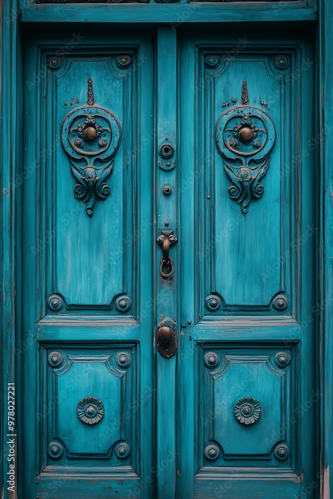 Fototapeta premium A turquoise vintage door with intricate carvings and metal accents