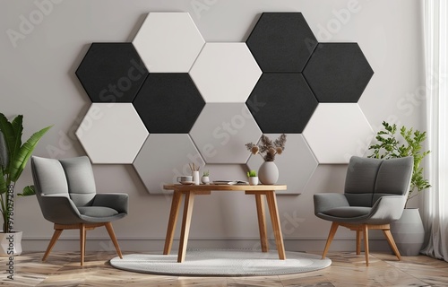 Hexagon felt acoustic panels, modern interior design, soundproofing decor, geometric wall decoration, stylish felt panels for home, acoustic treatment panels