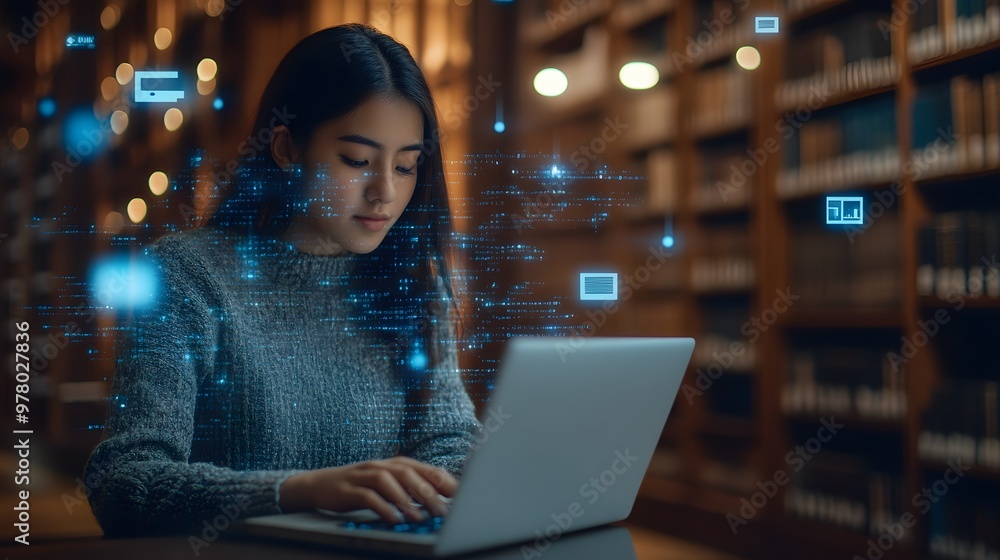 Woman working on a laptop in a dimly lit library with digital data and AI floating around her Woman working on a laptop in a dimly lit library with digital data and AI floating around her