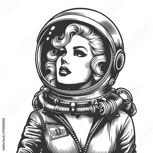 glamorous woman in a retro-style space helmet, vintage aesthetics with a futuristic astronaut theme sketch engraving generative ai vector illustration. Scratch board imitation. Black and white image.