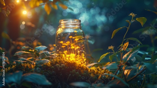 Jar glowing with flowers inside in a magical forest setting photo