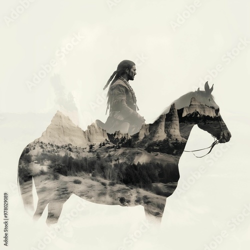 Double exposure of a Sioux Indian warrior and South Dakota landscape photo