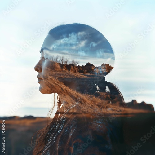 Double exposure of a Sioux Indian woman and South Dakota landscape photo