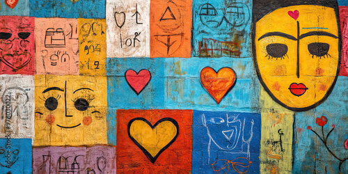 Language of Love: A colorful mural featuring different languages and symbols of love.