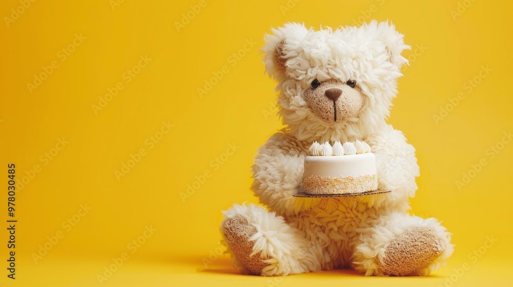 Teddy bear holding a birthday cake on a bright yellow background for celebrations and special occasions. Teddy bear holding a birthday cake on a bright yellow background for celebrations and special occasions.