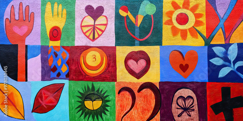 Language of Love: A colorful mural featuring different languages and symbols of love.