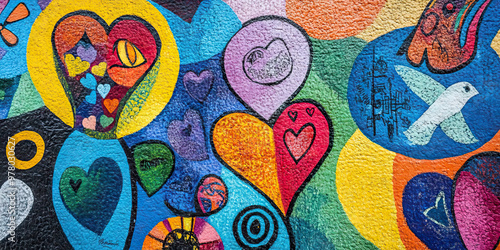 Language of Love: A colorful mural featuring different languages and symbols of love.