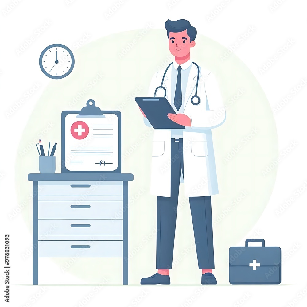 A flat-style illustration of a doctor standing confidently in medical attire. Perfect for healthcare, medical services, and wellness content. Clean, minimalistic design with a professional look. A flat-style illustration of a doctor standing confidently in medical attire. Perfect for healthcare, medical services, and wellness content. Clean, minimalistic design with a professional look.