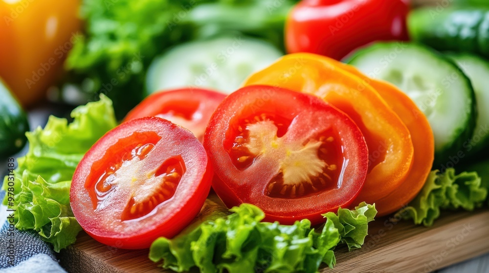 A close up of a cutting board with sliced tomatoes and lettuce, AI A close up of a cutting board with sliced tomatoes and lettuce, AI