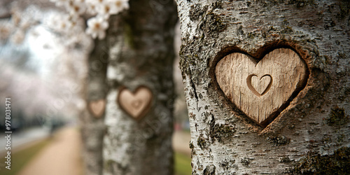 Whispers of Love: A row of cherry blossom trees with hearts carved into their trunks. photo