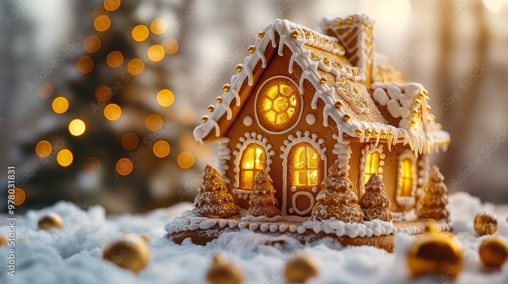 Festive gingerbread palace close up with glowing windows, adorned Christmas tree, and snowy scene bokeh banner copy space Festive gingerbread palace close up with glowing windows, adorned Christmas tree, and snowy scene bokeh banner copy space