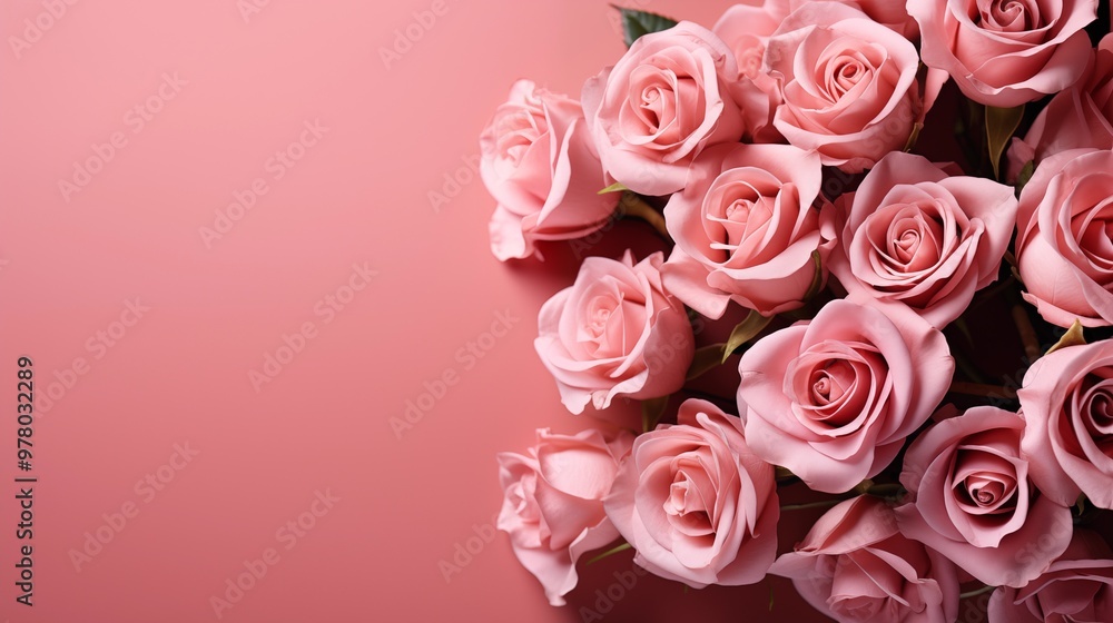 Greeting background with freshly pink roses flowerson a pink background . Festive banner for birthday. Flat lay, top view. Copy space. Mock up. Greeting background with freshly pink roses flowerson a pink background . Festive banner for birthday. Flat lay, top view. Copy space. Mock up.