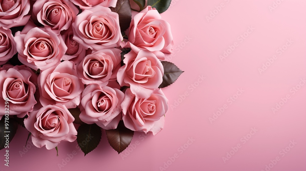 Greeting background with freshly pink roses flowerson a pink background . Festive banner for birthday. Flat lay, top view. Copy space. Mock up. Greeting background with freshly pink roses flowerson a pink background . Festive banner for birthday. Flat lay, top view. Copy space. Mock up.
