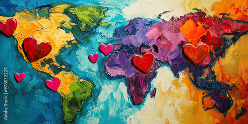 The Color of Love: A vibrant painting of the world, with hearts dotting the landscape.