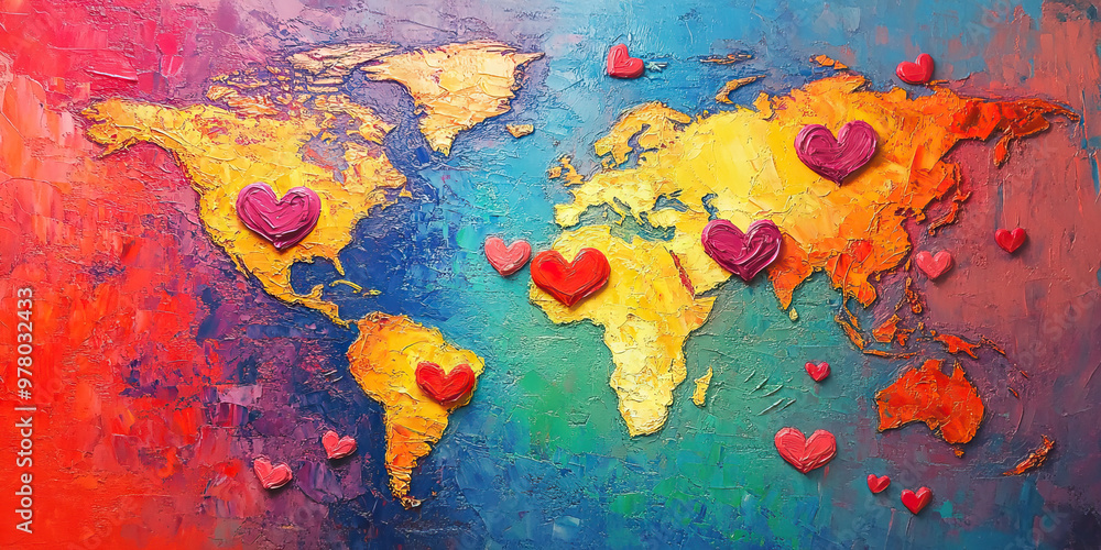 The Color of Love: A vibrant painting of the world, with hearts dotting the landscape. The Color of Love: A vibrant painting of the world, with hearts dotting the landscape.