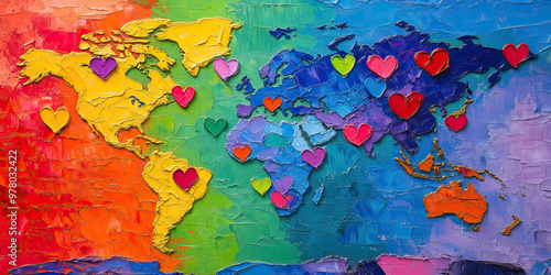 The Color of Love: A vibrant painting of the world, with hearts dotting the landscape.