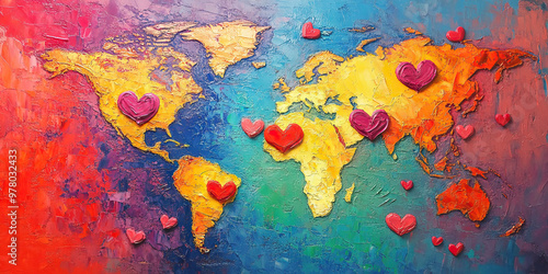 The Color of Love: A vibrant painting of the world, with hearts dotting the landscape.