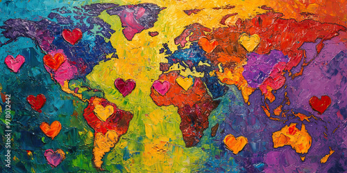 The Color of Love: A vibrant painting of the world, with hearts dotting the landscape.