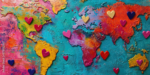 The Color of Love: A vibrant painting of the world, with hearts dotting the landscape.